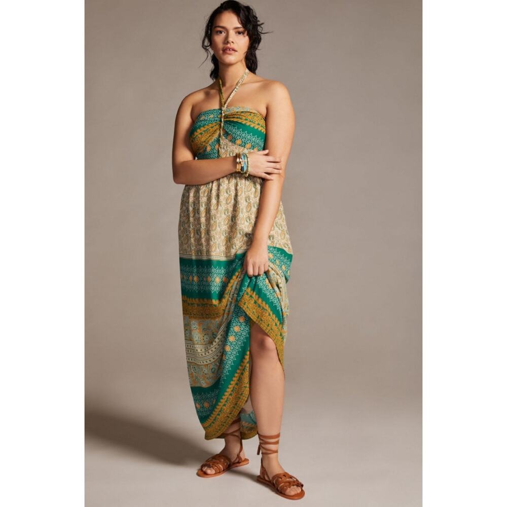 TINY Anthropologie Green Paisley Twist Halter Maxi Dress